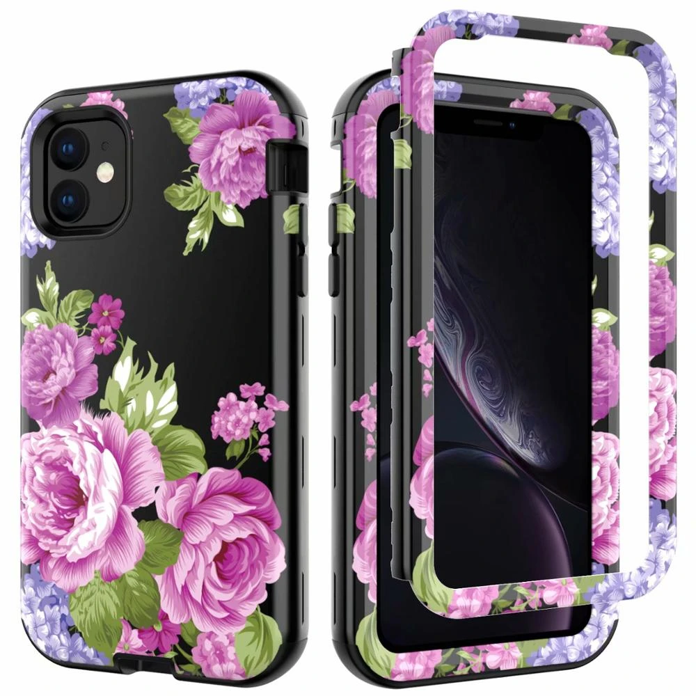 360 Full Hybrid Armor Phone Case For iPhone 11 Pro MAX 12 13 Coque Flower Pattern Cover Marble PC Silicon Bumper Shockproof Case iphone 11 Pro Max  lifeproof case