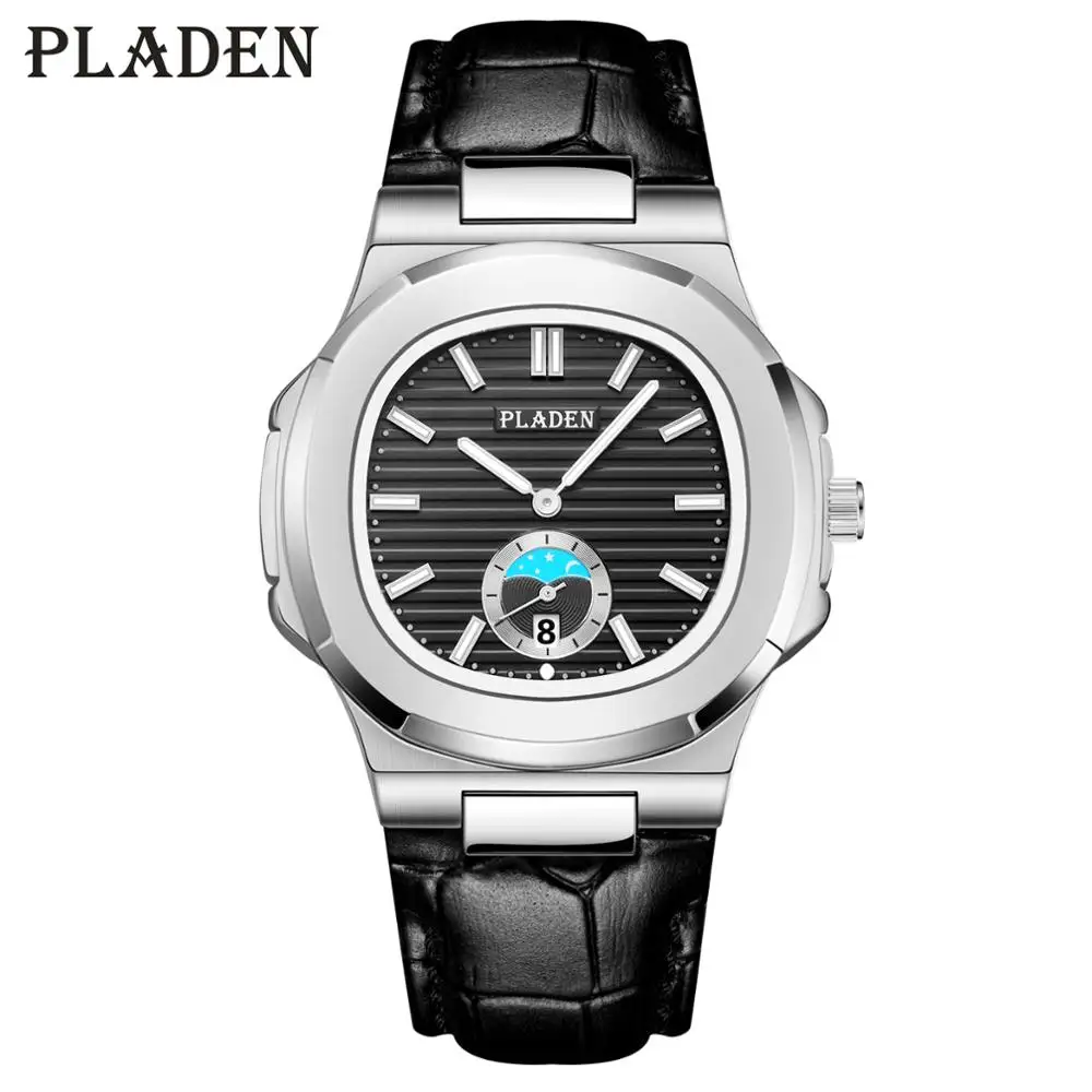 

PLADEN Chronograph Mens Watches Leather Black Band Waterproof Quartz Watch Men Business Classic Weil Watch Quartz Clock Hours