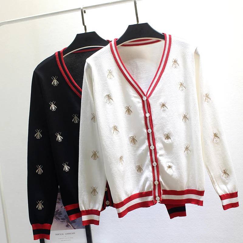 

Fashion High Quality Knitting Women V Lead Long Sleeve Coat Bee Embroidery Single-breasted Sweater Cardigan Knitwear Cardigans