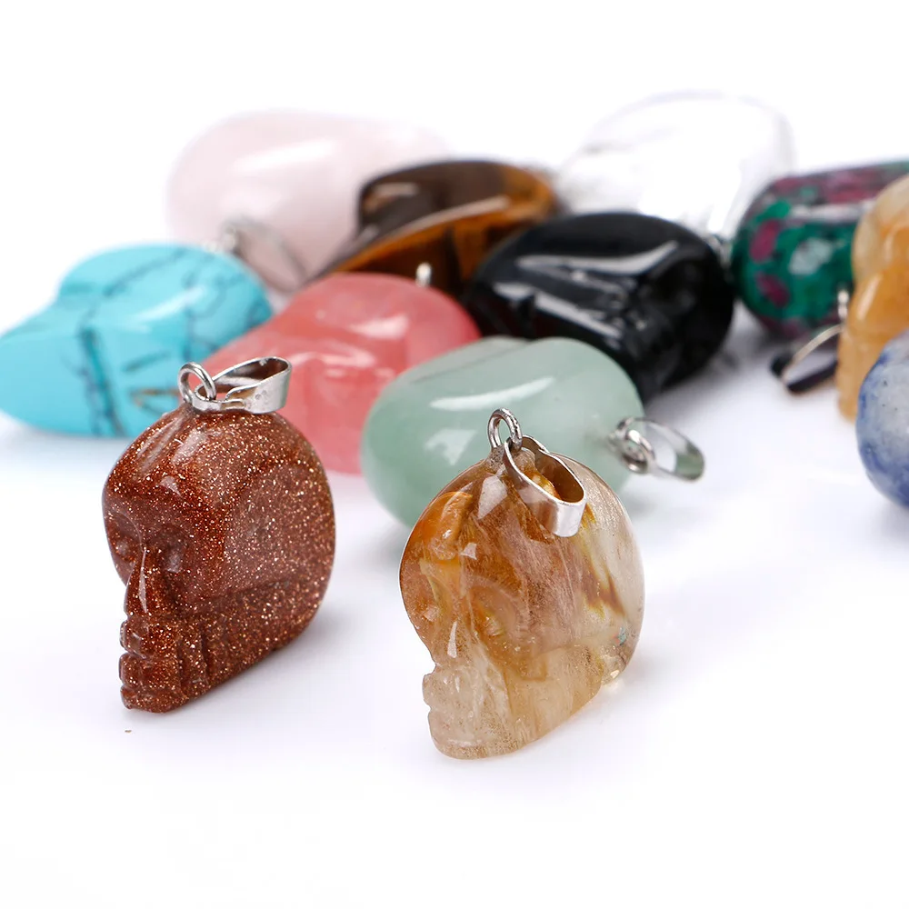 Natural Stone Carving Skulls Opal Tiger's Eye Pink Quartz Crystal Chakra Reiki Healing Pendulum Necklace