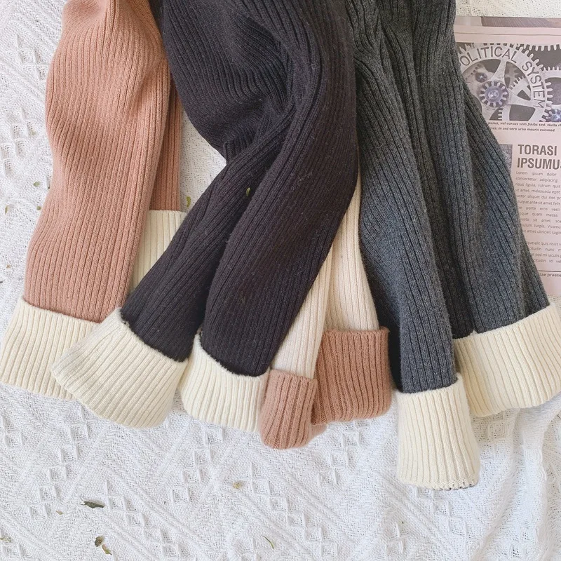 Осенне-зимние эластичные вязаные шерстяные леггинсы для мальчиков и девочек Детские теплые обтягивающие штаны с флисовой подкладкой