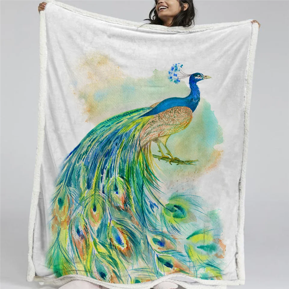 Blesslive красочное покрывало для кровати с павлином Бирюзовая птица шерпа Флисовое одеяло акварельные перья плюшевое одеяло этническое покрывало