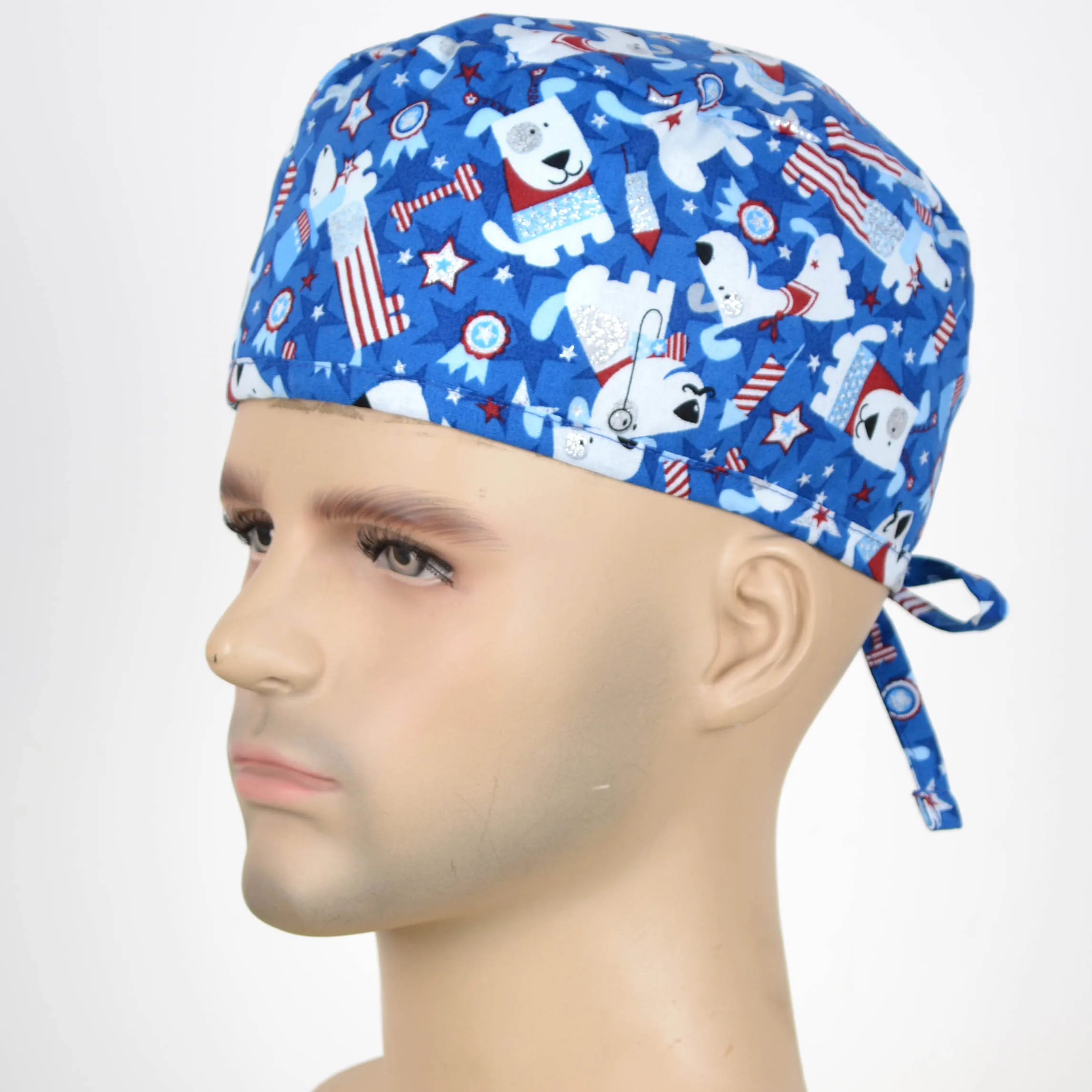 

Men print scrub cap in 100% with tie back band for most of the men head