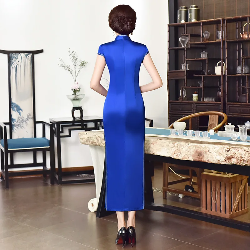 Элегантные атласные женские вечерние Qipao Цветочные Длинные китайские традиционные восточные тонкие Cheongsam Vestidos плюс размер M-4XL