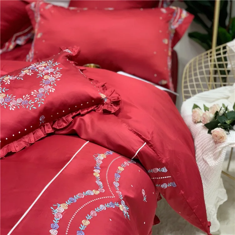 Китайский красный Troditional набор свадебного постельного белья 4 шт. чистый хлопок, домашний текстиль для новых пар кровать Артикул мода простыня пододеяльник