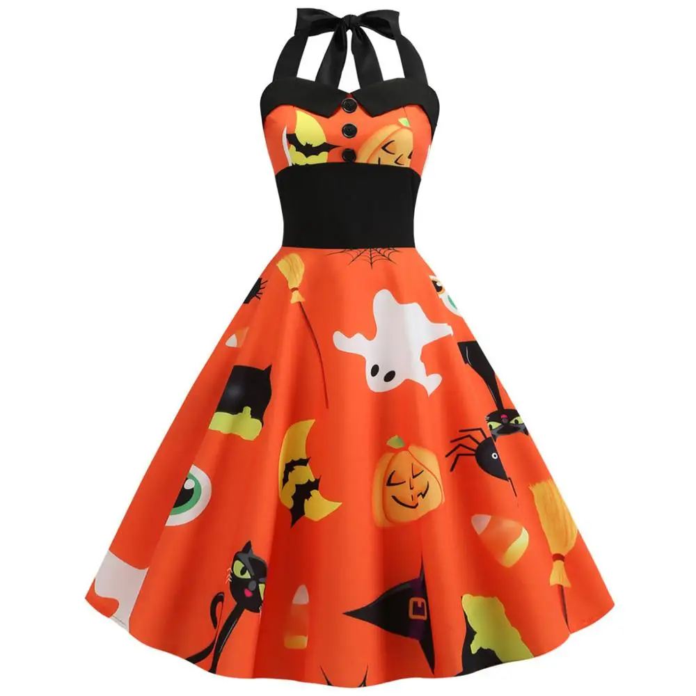 

Women's Vintage Patchwork little Bat Print sleeveless Dress Evening Party Halter Dress Halloween Swing Dress Robe Femme dress #D