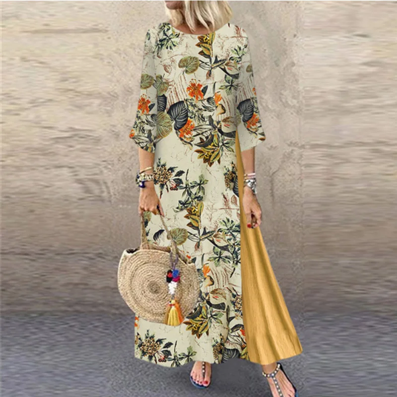 New Yellow Dress Faylisvow размера плюс летнее макси платье мешковатое 3/4 рукав летучая мышь Хлопок Лен Длинные платья Повседневное богемное Длинное Платье 4XL 5XL - Цвет: New Yellow Dress