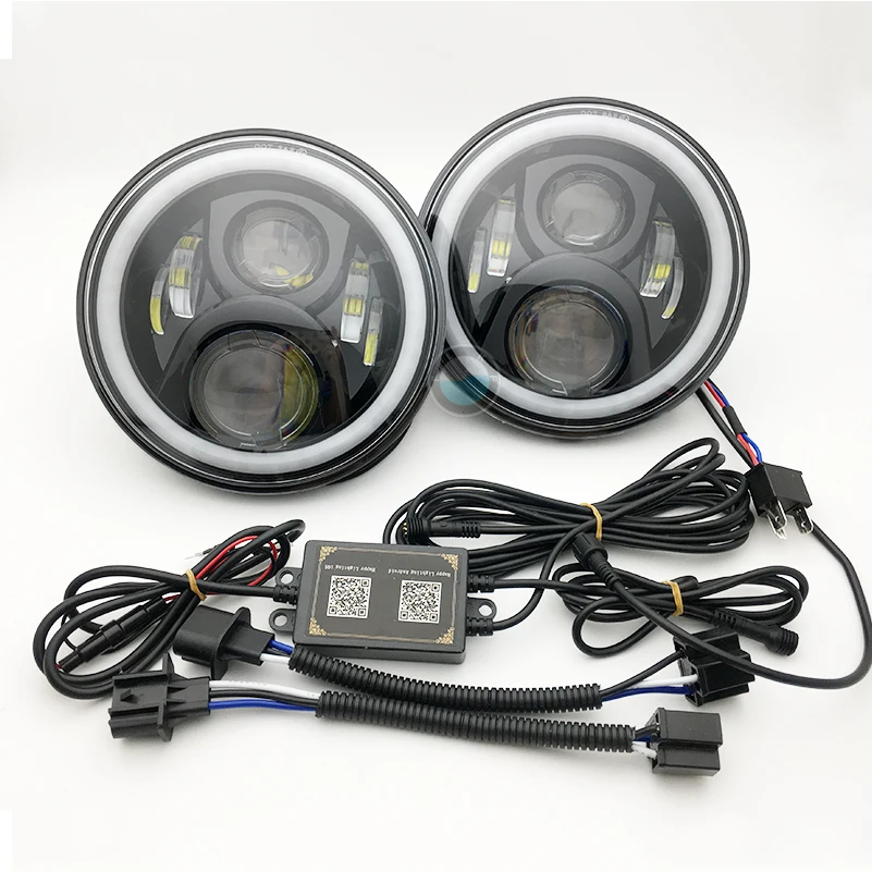 7 ''DRL фары мигающие RGB ангельские глазки Bluetooth контролируемые для Jeep Wrangler JK 7 дюймов 60 Вт круглые фары с RGB Halo Кольцо