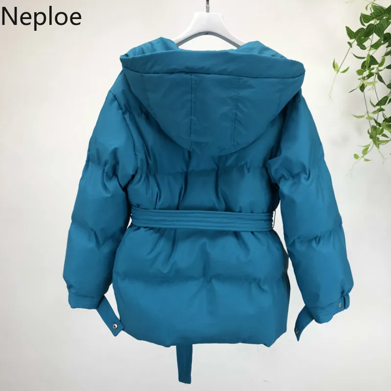 Neploe Korean Winter Mid Long Thicked Cotton Coat Slim Waist Lace Up Hooded Parkas Slim Long Sleeve Casual Casaco Femnino 46935