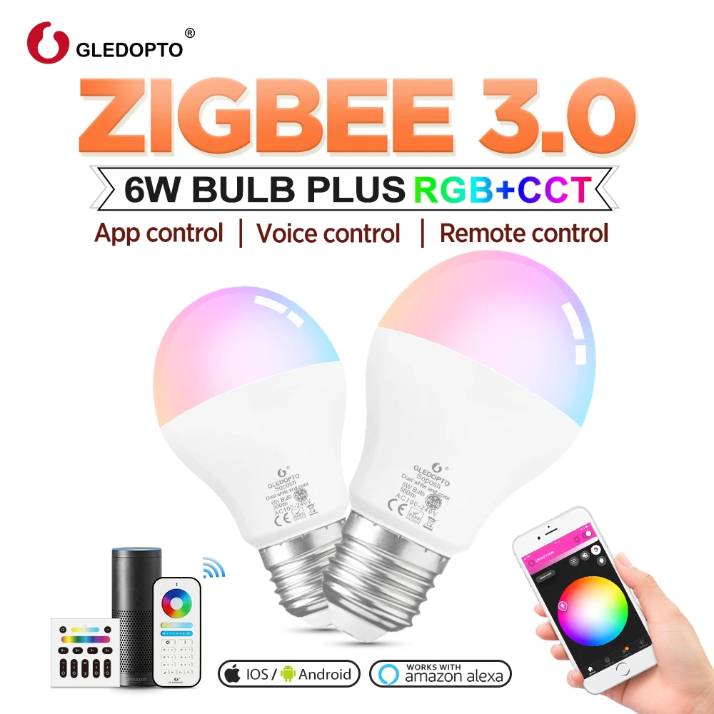 

ZigBee samrt led bulb 2 pack color changing(RGB & CCT) e27 E26 6W bulb light compatible with Amazon Alexa ,zigbee hub
