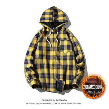 

Thicken Winter Hooded Men Shirt Hip Hop Lattice Yellow Button Loose Shirt Men Casual Student Mens Shirt Coat Large Size BB60NCS