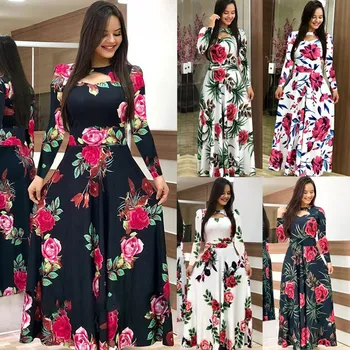 

Elegant Spring Autumn Women Dress 2020 Casual Bohmia Flower Print Maxi Dresses Fashion Hollow Out Tunic Vestidos Dress Plus Size