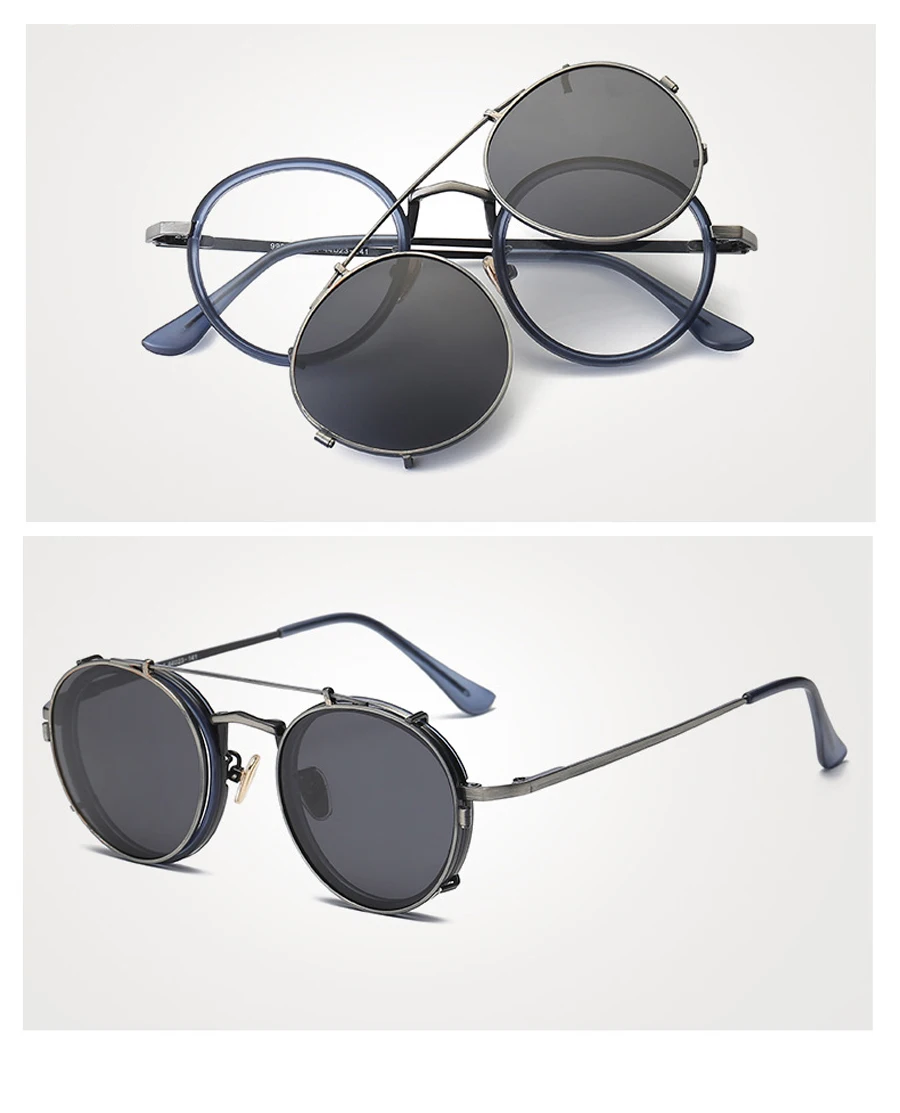 New Men Double Lenses Round Sunglasses 8 Colors Metal Frame Mirror Color Lens UV400 Retro Eyeglasses With Box