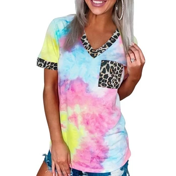 

Women T Shirt Rainbow Printed Leopard Patchwork V neck t Shirt Women Ladies top Casual Tees Summer Tops pocket Women Clothes