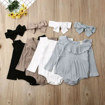 

New Baby Rompers Newborn Baby Girl LongSleeve Knitted Clothes Romper Jumpsuit+Headband Outfit Set