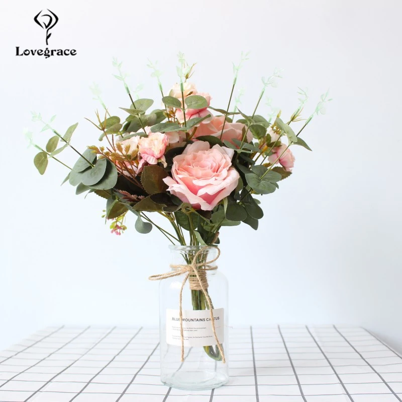Lovegrace букет розы в лесном стиле Свадебный букет невесты искусственный шелк Роза Пион лист эвкалипта домашний свадебный цветок