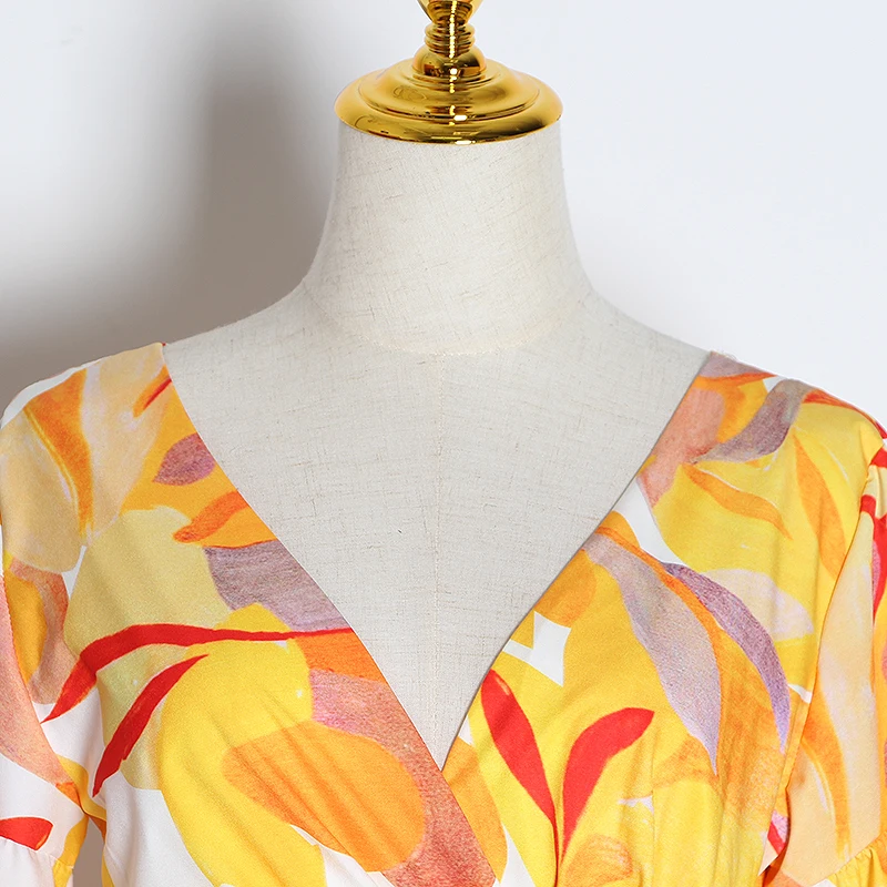 TWOTWINSTYLE Casual Print Dress Women V Neck Lantern Long Sleeve High Waist Ruffles Asymmetrical Dresse For Female Fashion Tide