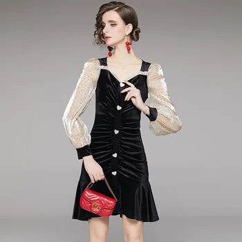 

Autumn French Elegant Romantic Pleated Stitching Retro Polka Dot Sleeve Velvet Dress Women