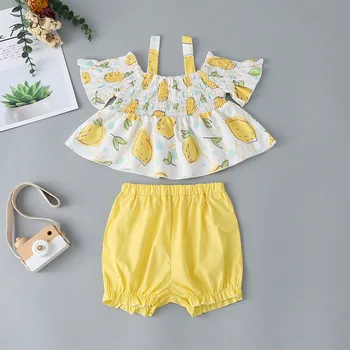 

baby girl summer clothes baby boy clothes Girl Summer Ruffle Short Sleeve Lemon Print Top + Solid Pants Outfits