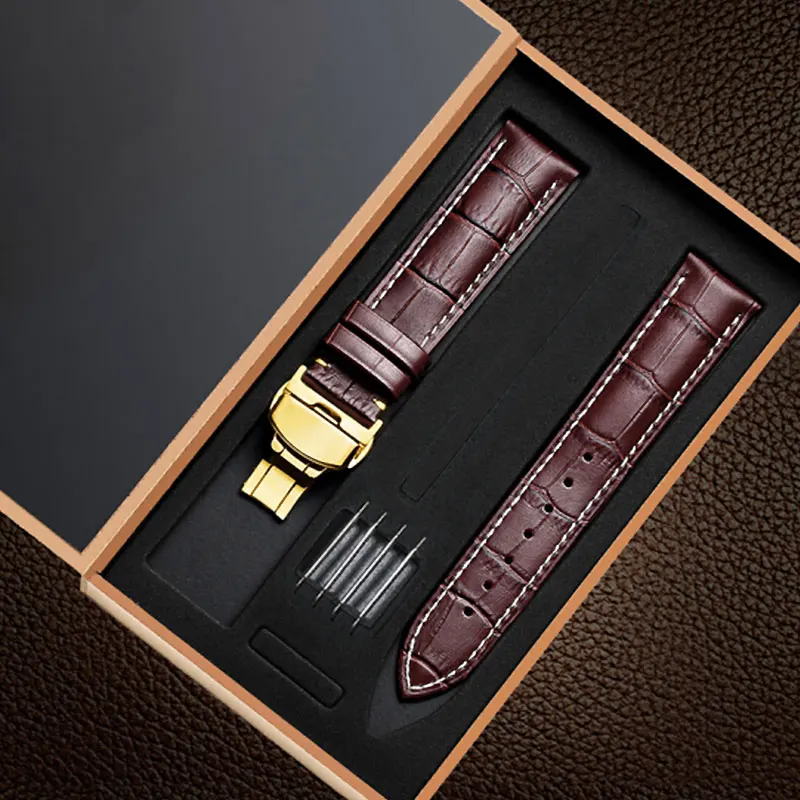 Gold-Brown white UTHAI Z06 Plus Ремешки для наручных часов из натуральной кожи 14-24 мм Универсальные часы с бабочкой и пряжкой стальной ремешок с пряжкой+ Высококачественная подарочная коробка - Цвет ремешка: Gold-Brown white