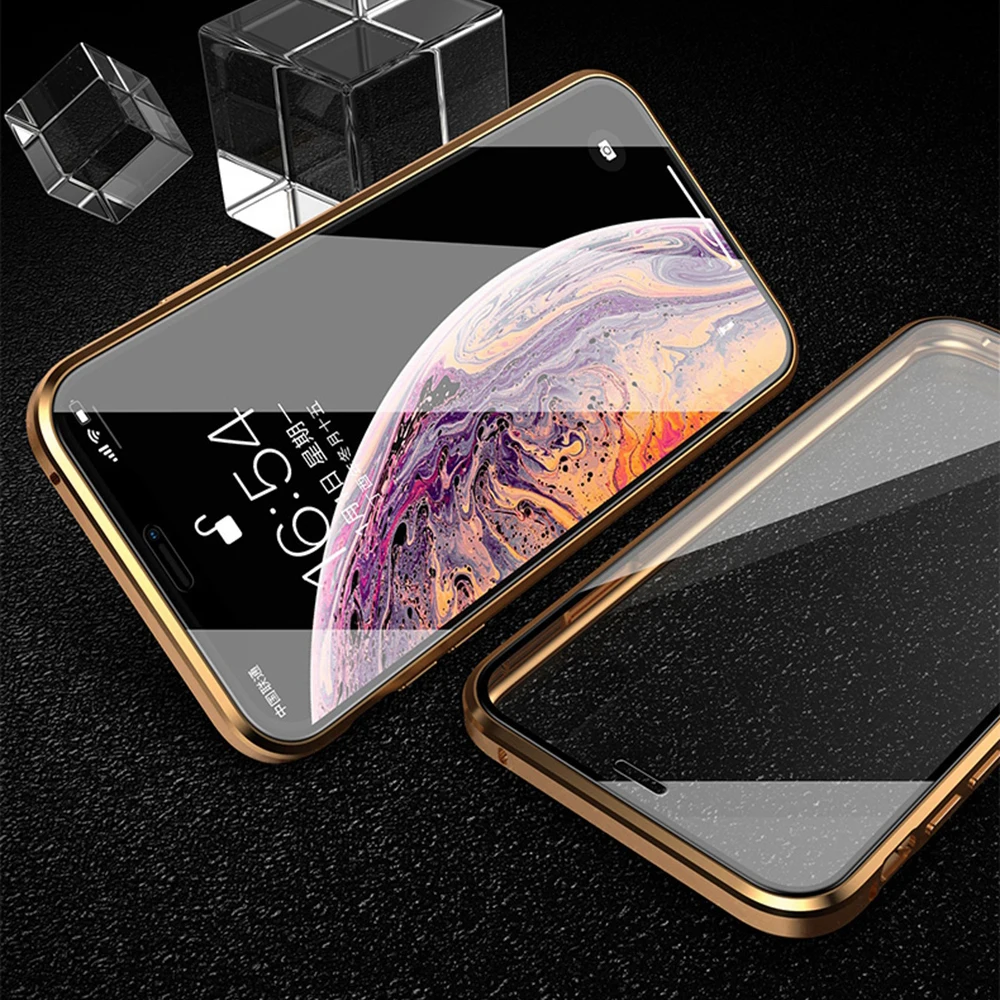 Двухсторонняя, для стекла Магнитный чехол для iphone 7 8 Plus XS Max Xr X Металлический Магнитный чехол с защитой на 360 градусов для iphone 6 Coque