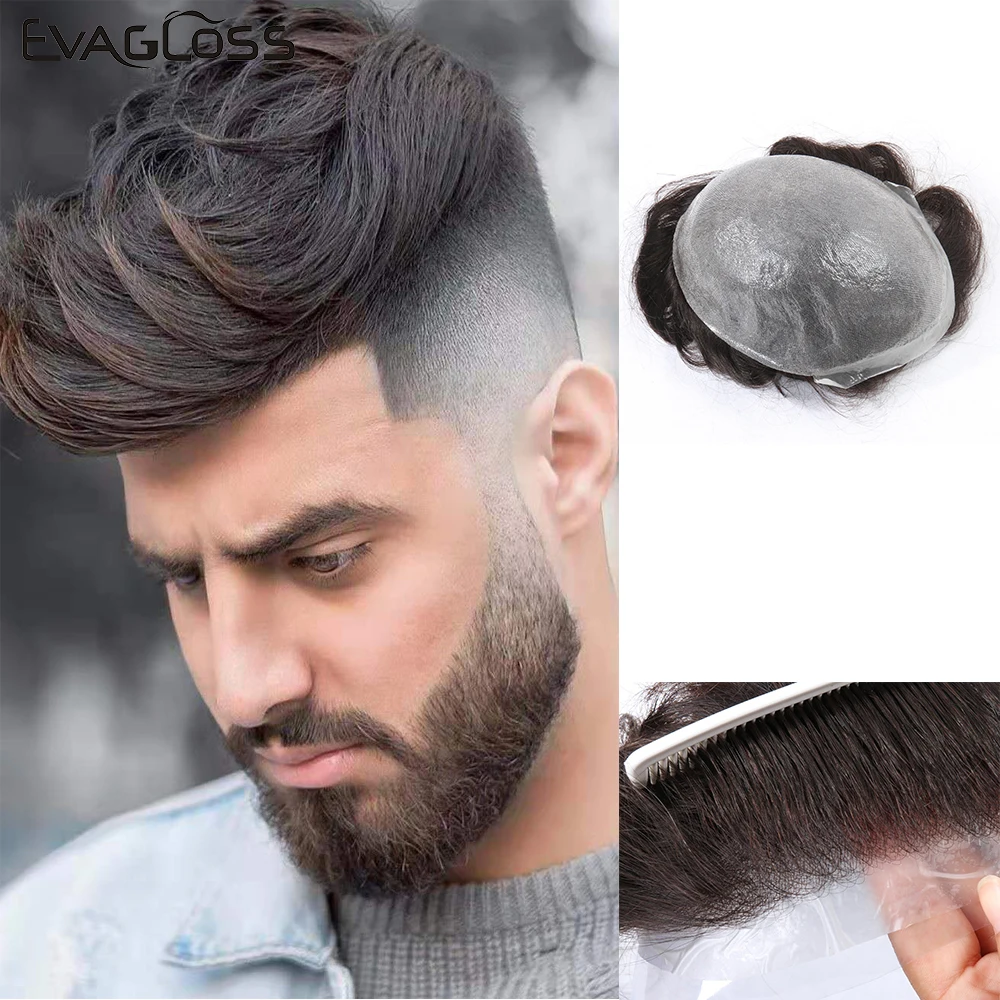 

EVAGLOSS Mens Toupee 0.02-0.04mm Super Thin Skin Remy Human Hair Prosthesis Male Wig Hair Replacement System For Men's Wig