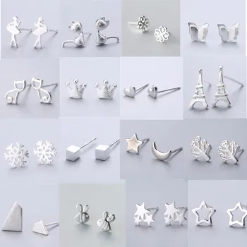 Silver Color Christmas Gift Cat Star Moon Stud Earrings For Women Kids Fashion Elegant  Jewelry  pendientes Brincos