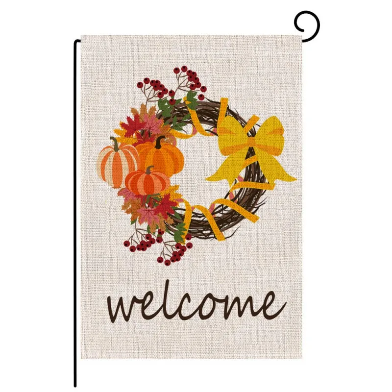Welcome Fall Pumpkin Maple Leaves Garden Flag Double Sided Decorative Hanging Linen Banner For Outdoor Yard Lawn Patio Porch Far