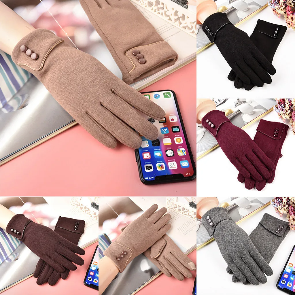 

Winter Gloves Women Ladies Soft Warm Gloves Cuff Soft Lining Button Decoration Outdoor Touch Screen Gloves Fashion Accessories