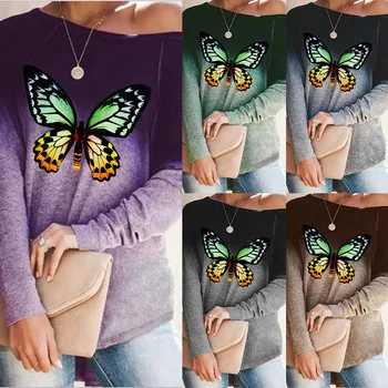

2020 Harajuku Women Casual Tshirt Tie-dye Butterfly Print Hoody Long Sleeve Loose Blouse Tees Tops Femal T-shirt Ropa Para Mujer