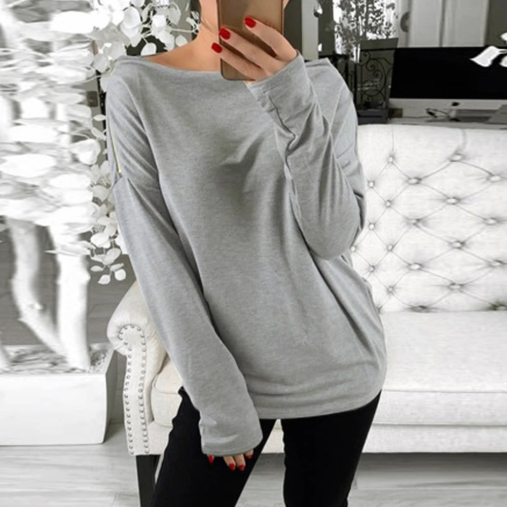 

2019 Autumn New Women's Casual Long-sleeved Zipper Sweatshirt Solid Pullover Tops Sports Off-shoulder Collar Sweatshirt