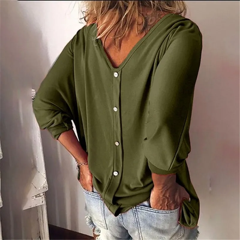 army green Taniafa/осенне-зимняя модная женская футболка с длинными рукавами большого размера, свободная рубашка с пуговицами, Женские однотонные хлопковые топы - Цвет: army green