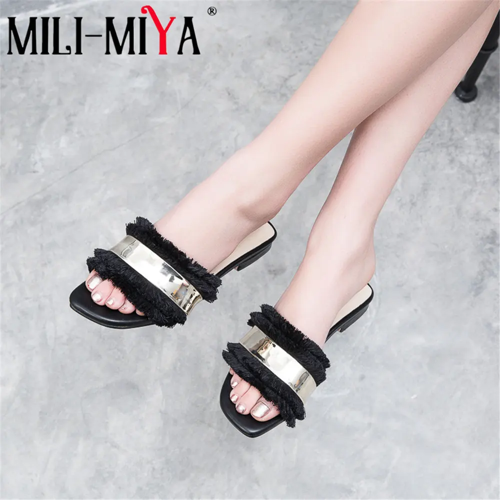 

MILI-MIYA Casual Women Sandals Square Toe Slip-n Square Low Heels Mixed Colors Glitter&Fringe Summer Shoes For Ladies Slippers