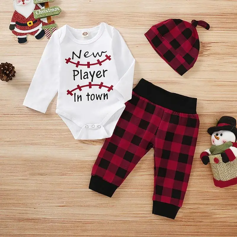 

3pcs/set Cotton Clothes Set Baby Kids Plaid Letter Printing Round Neck Long Sleeve Splicing Breathable Soft Jumpsuit Trousers