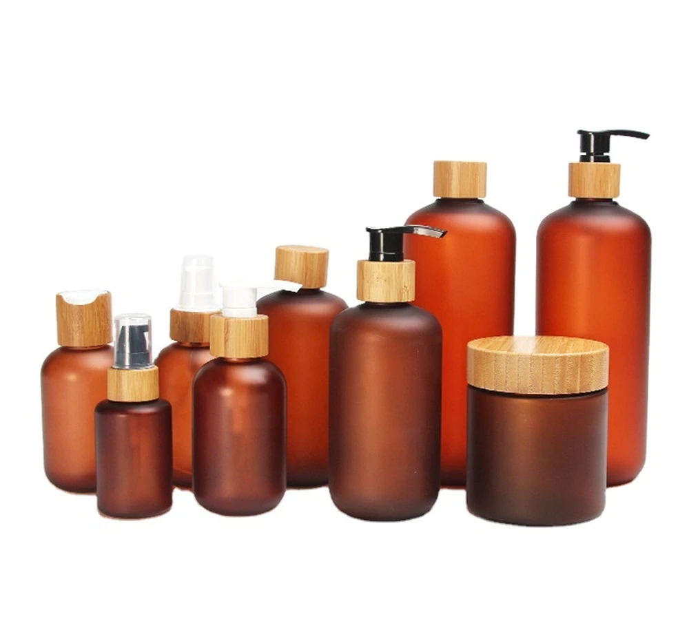 Wholesale Empty Customized PET Plastic Round Bottle Amber Frosted Jars With Bamboo Lid Shampoo Lotion Container For Cosmetics шампунь для ежедн применения с живым коллагеном basic shampoo with alive collagen hyperfill pro