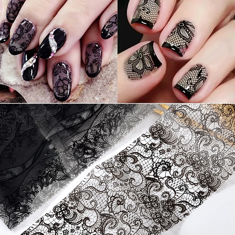 

MEET ACROSS 10pcs/set Black Lace Flower Nails Transfer Foil DIY Nail Art Foil Stickers Decals Manicure Decoration Beauty