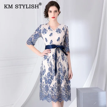 

New Women Dress Floral Embroidery Slim Dress V-neck Elegant OL Autumn Plus Size Dress