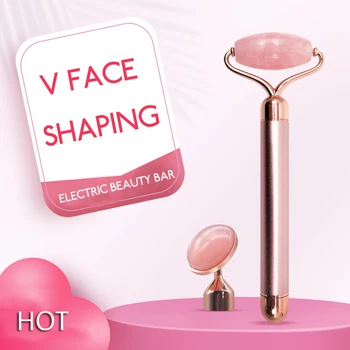 

Electric Vibrating Natural Rose Quartz Jade Roller 2 In 1 Facial Massager for Face Lifting Massage Roller Skin Care Beauty Tools