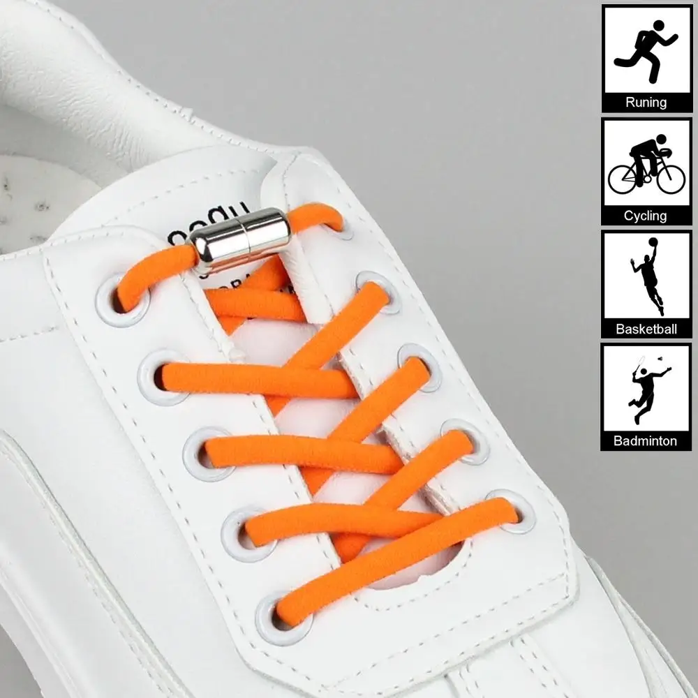 1Pair No tie Round Elastic Shoelaces Special Metal Lock for Men Women