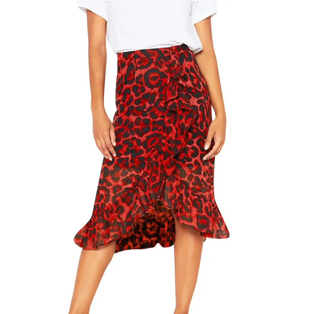 Женская юбка лето осень ретро красный Леопардовый принт винтажная Длинная женская Повседневная плиссированная шифоновая юбка с высокой талией А4