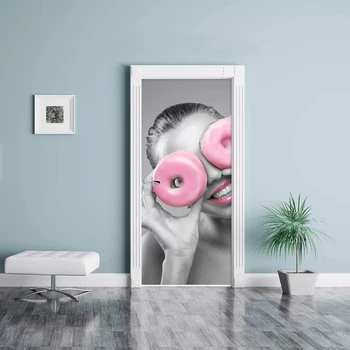 

3D Sticker Color Bricks Pulling Door Home Woman Pink Doughnut Decor Paste Self Adhesive Waterproof Wallpaper Print Art Picture