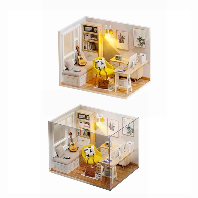 Doll House 3D Wooden Miniaturas Dollhouse Toys DIY Hut Study Room Toys Kit Princess Doll House for Birthday Presents Decor 2