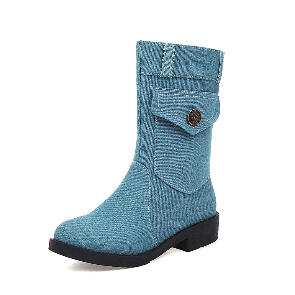 Г. Джинсовые ботинки женская однотонная обувь до середины голени на среднем каблуке в римском стиле женские ботинки до середины икры на плоской подошве на молнии chaussures femme botas mujer 34-43 - Цвет: Blue