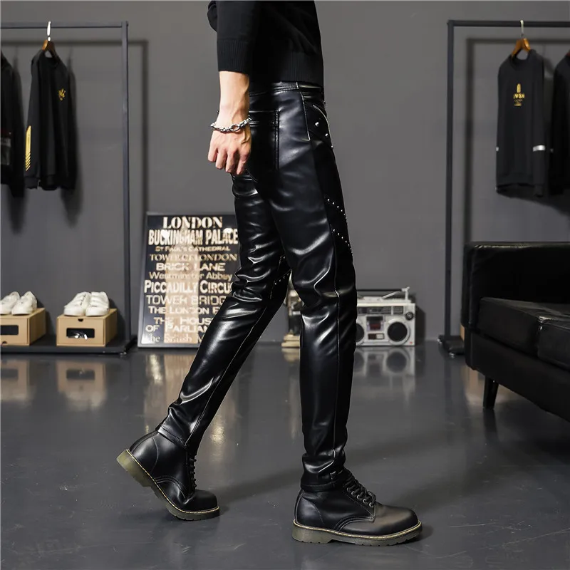 Idopy Men`s Skinny Faux Leather Pants Punk PU Stage Performance