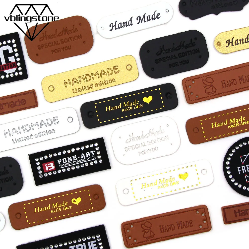 50PcsWholesaleMixLabelHandmadeTagsPULeatherHandmadeWithLove