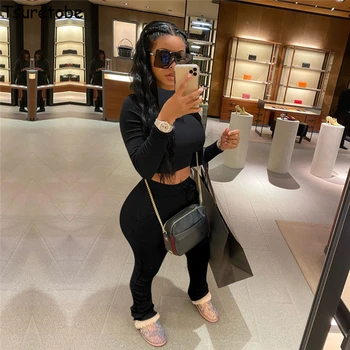 

Tsuretobe 2 Piece Set Women Crop Top And Stacked Pants Streetwear Matching Sets Summer Clothes long Sleeve Club Outfits 5 Colors
