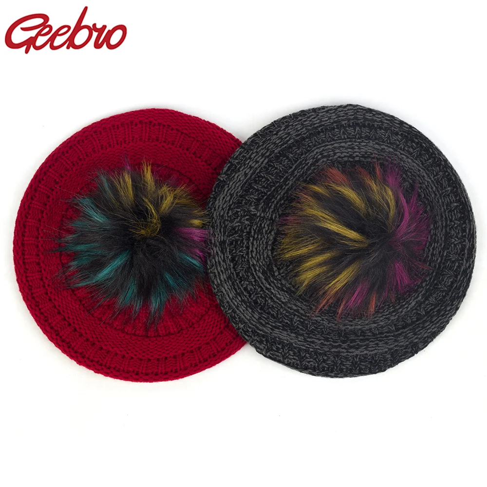 

Geebro Female Winter Warm Color Mixing Knitted Thicken Retro Beret With Faux Fur Pom Pom Women Hairball Hats Bonnet Caps
