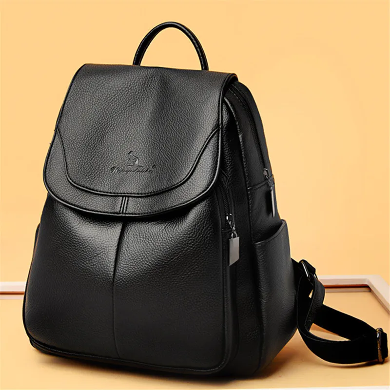 

Solid Color Large Capacity Soft Leather Retro Women Back Pack Simple Designer Flap Backbag Wild Texture Trendy Shopping Back Bag