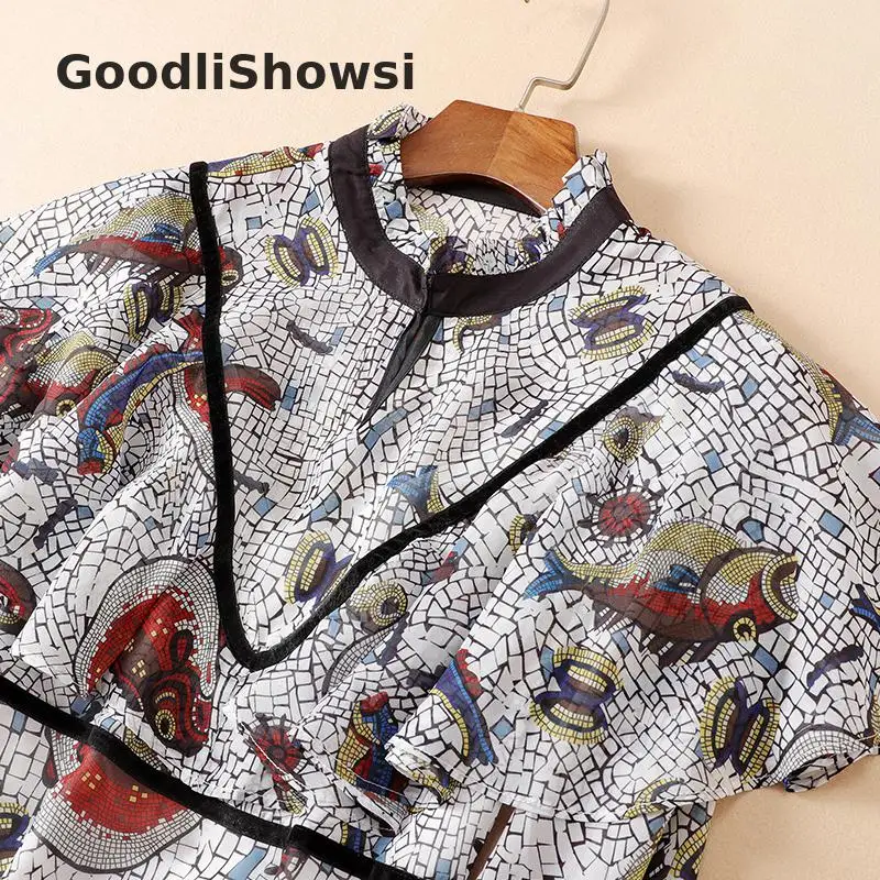 GoodliShowsi, Новое поступление, Ретро стиль, женское платье с оборками, с карпсовым принтом, Плиссированный Воротник, длинный расклешенный рукав, Модные свободные платья русалки