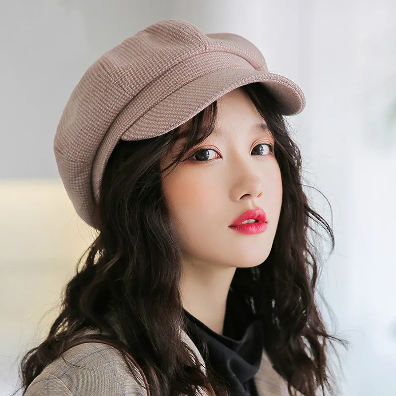 Hat Women's 2019 New Winter plus Thick Velvet Plaid Octagonal Cap Knitted Cashmere Men's Newsboy Caps British-Style Beret |